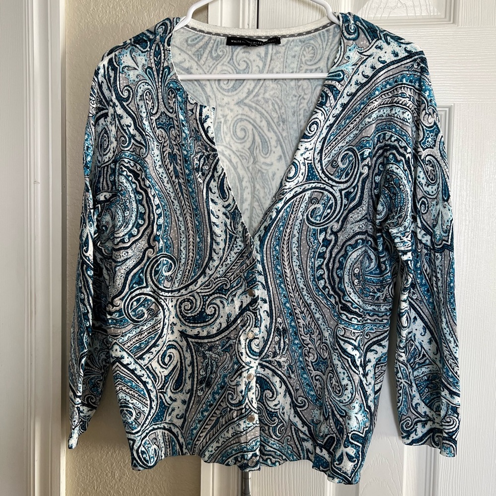 WHBM cardigan sweater, size L, gray and Turquoise colors.